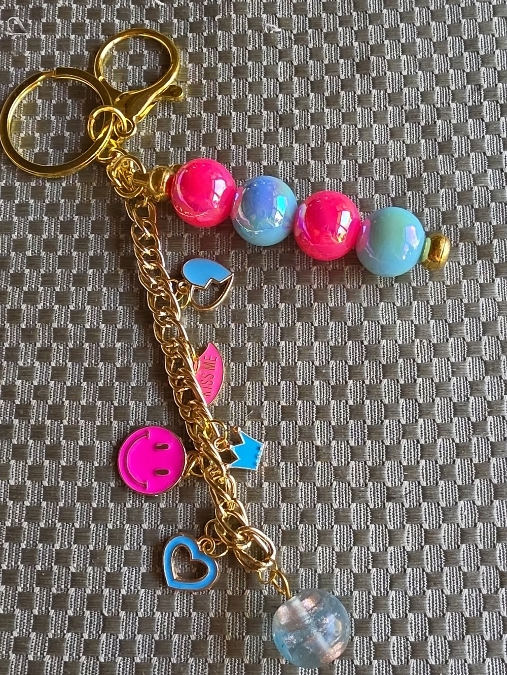 Kids Gold-tone Keychain with Pink and Blue Beads